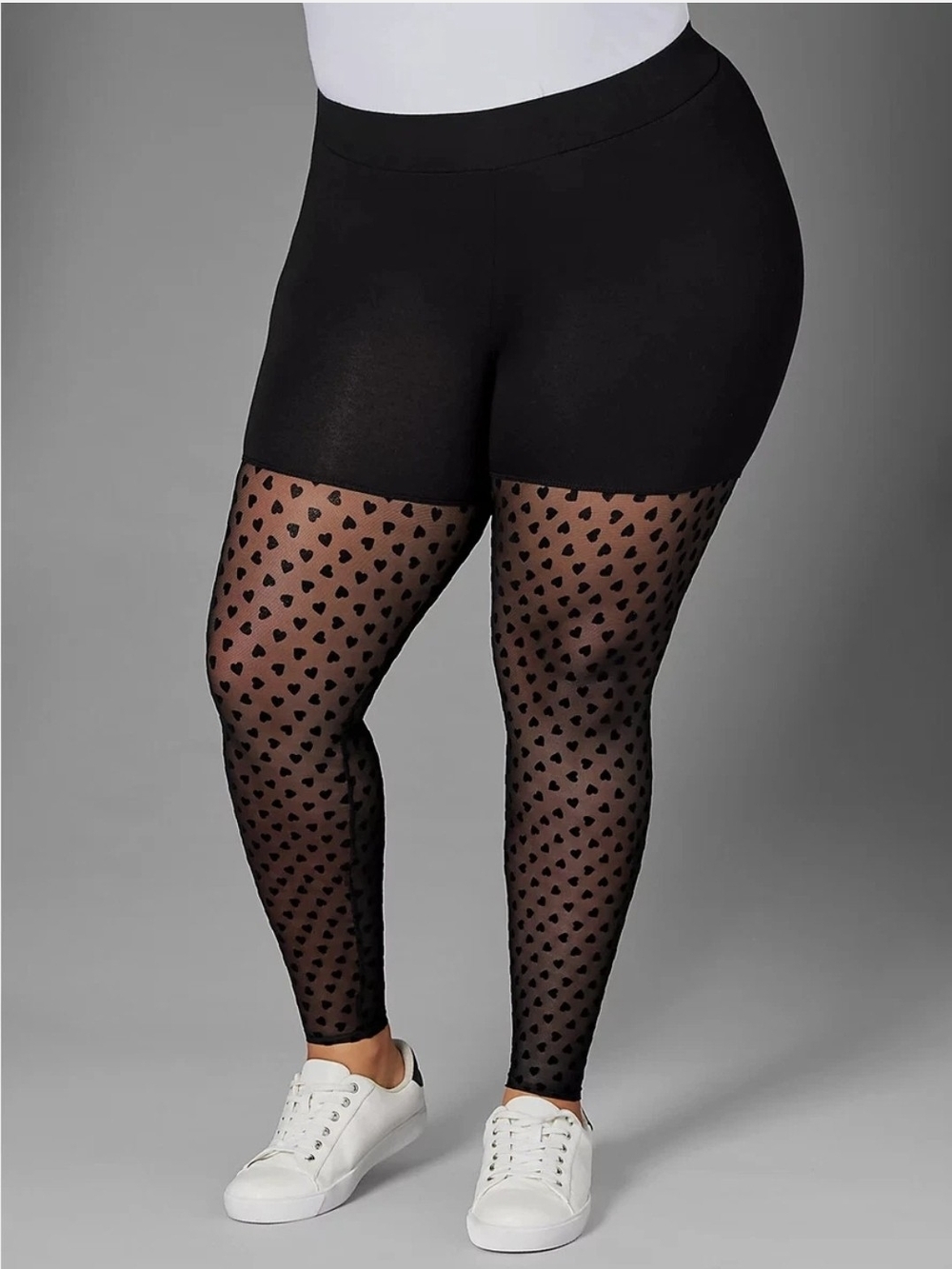 Torrid Premium Leggings Mid Rise Flocked Leg Hearts Black, featuring a solid bla